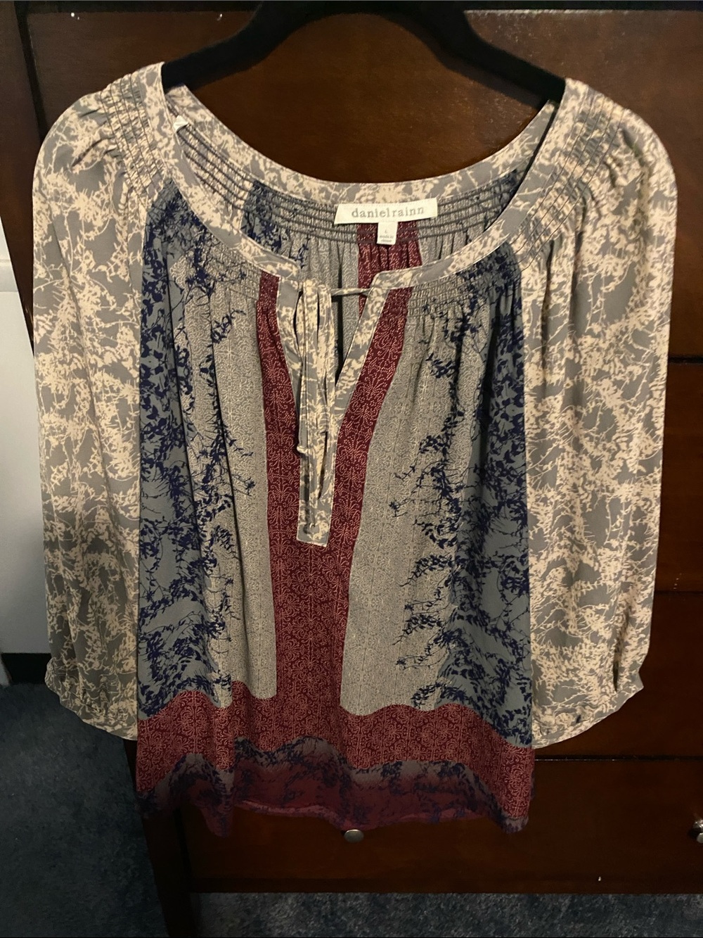 Daniel Rainn Cream, Navy & Burgundy Mixed-Print Peasant Tunic